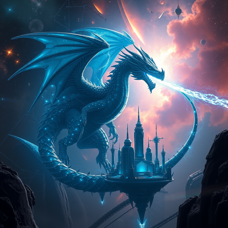 Majestic Blue Dragon Breathes Energy Over a Floating