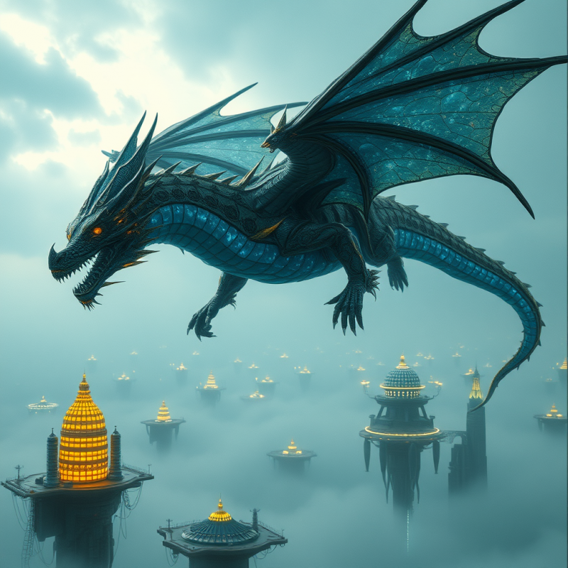 Majestic Blue Dragon Flies Above a Misty, Glowing