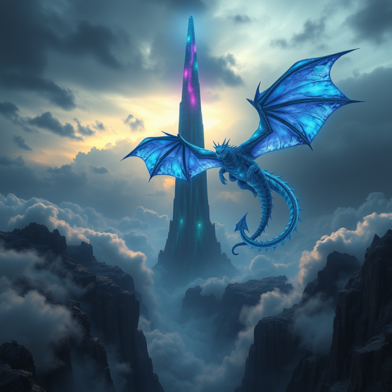 Majestic Blue Dragon Flies Gracefully Above Misty