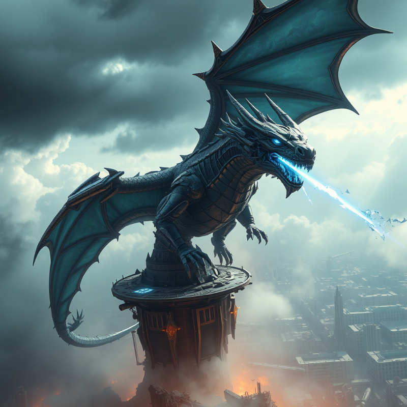Majestic Blue Dragon Perches Atop a Tower,
