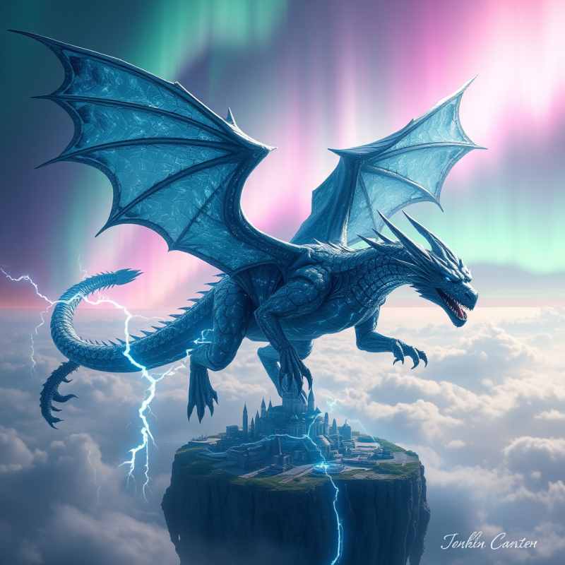 Majestic Blue Dragon with Glowing Eyes and Lightning
