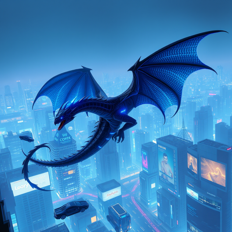 Majestic Blue Dragon with Glowing Eyes Flies