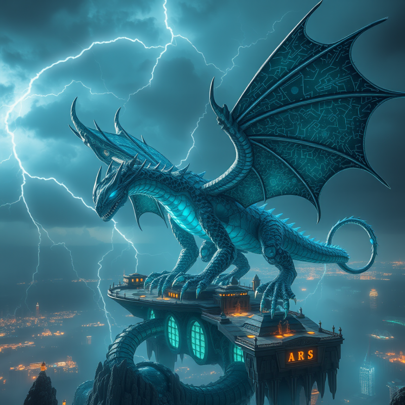 Majestic Blue Dragon with Glowing Eyes Perches Atop
