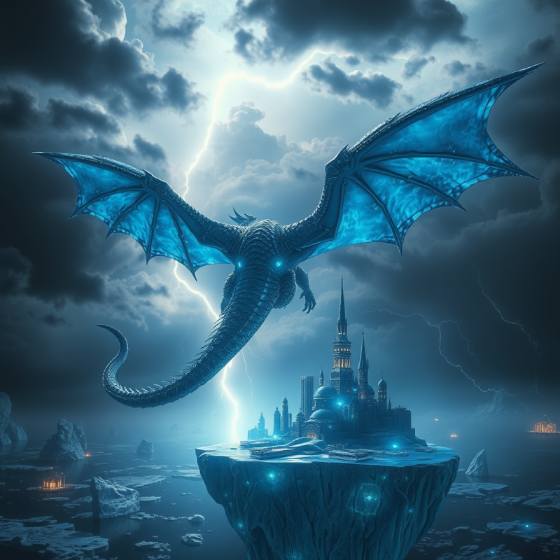 Majestic Blue Dragon with Glowing Eyes Soars Above a
