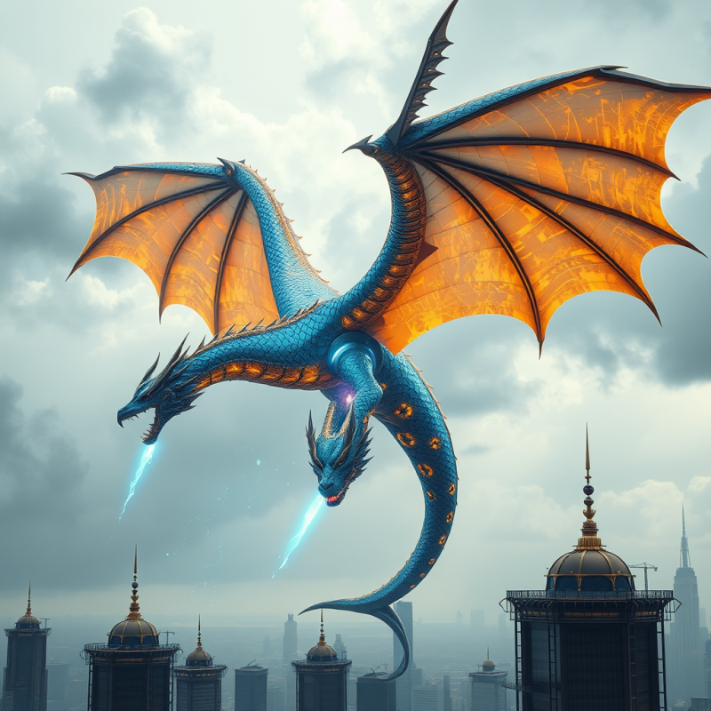 Majestic Blue Dragon with Glowing Orange Wings Flies