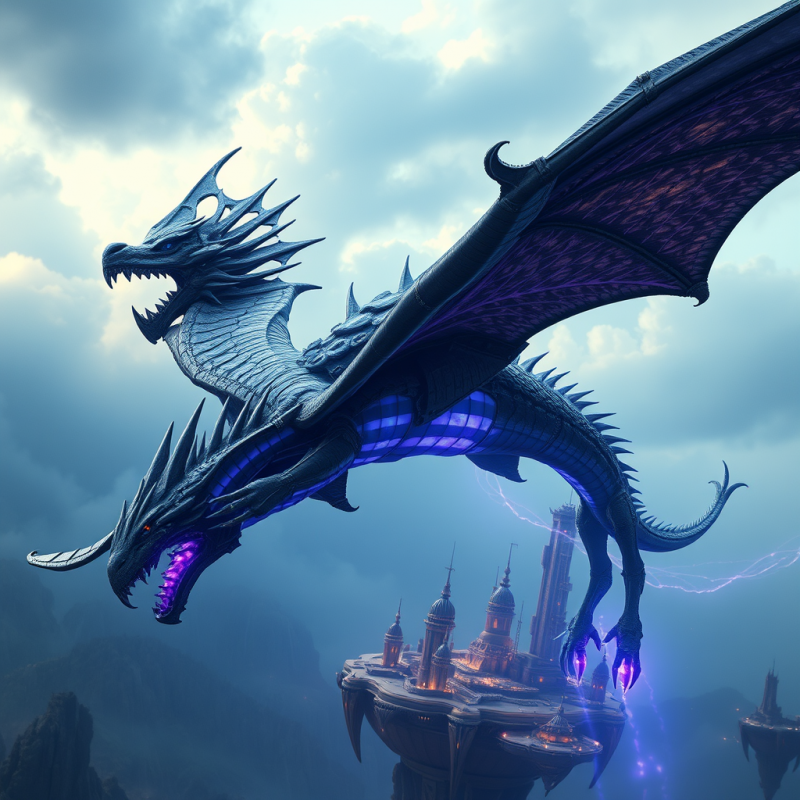 Majestic Blue Dragon with Glowing Purple Wings and