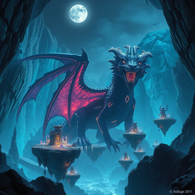 Majestic Blue Dragon with Glowing Red Wings Guards