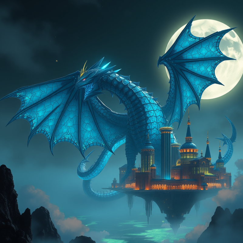 Majestic Blue Dragon with Glowing Wings Flies Above