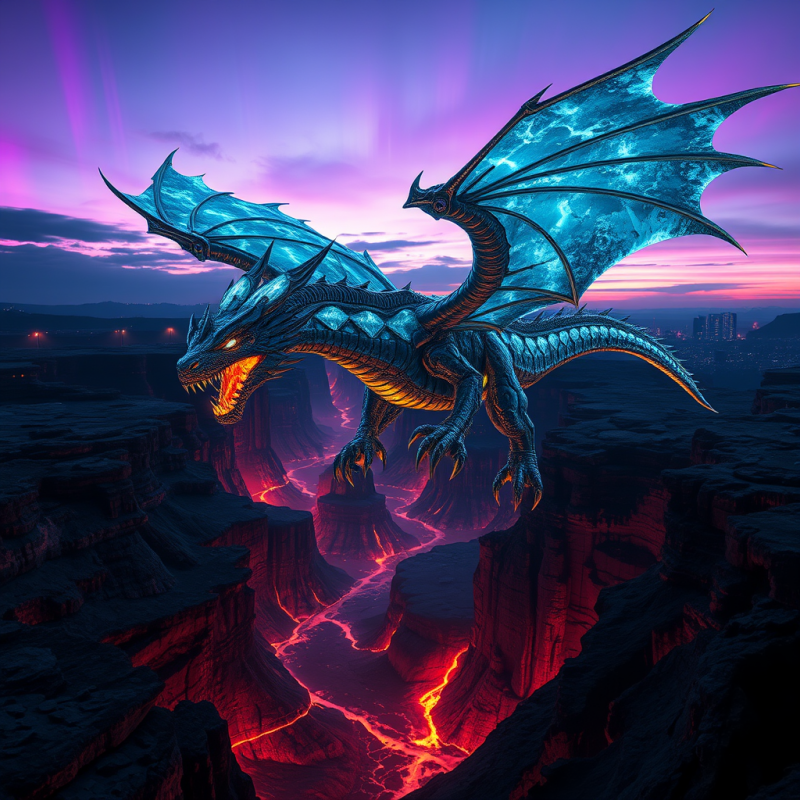 Majestic Blue Dragon with Glowing Wings Hovers Over