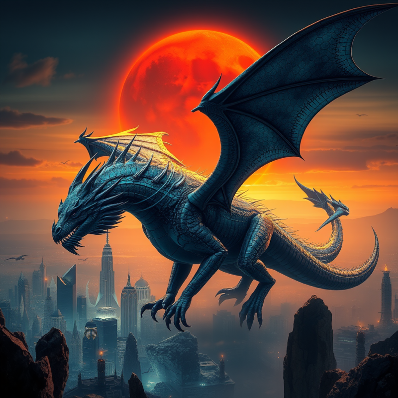 Majestic Blue Dragon with Outstretched Wings Flies