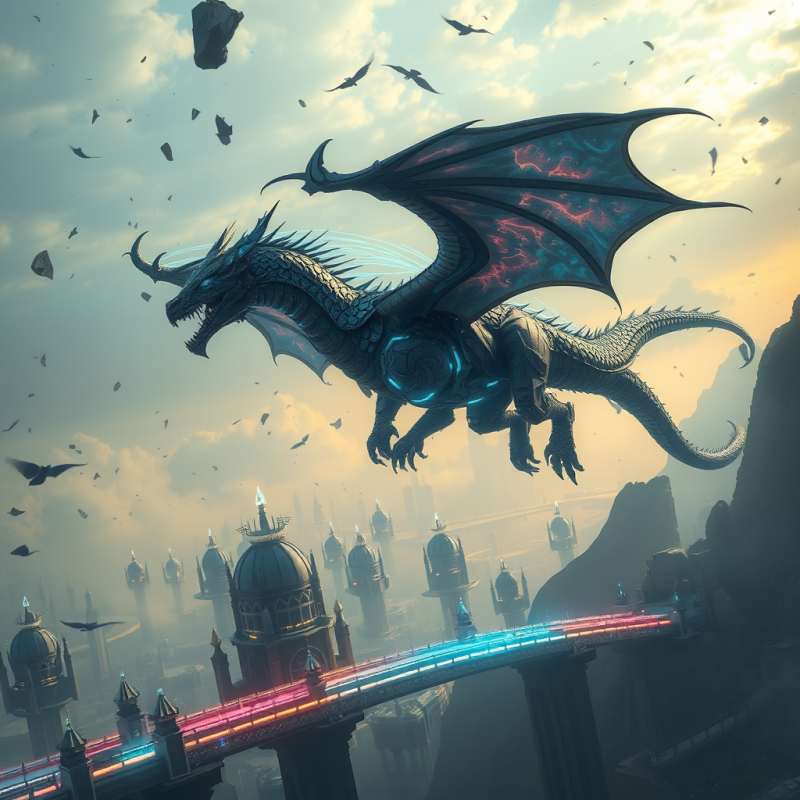 Majestic Dragon Flies Over a Futuristic City with