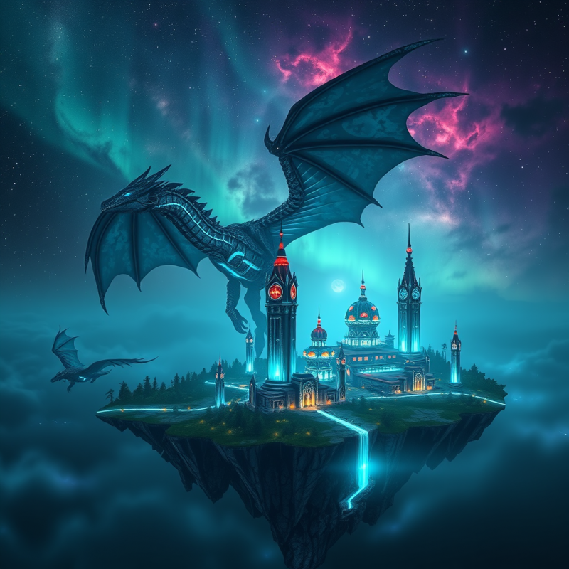 Majestic Dragon Flies Over a Glowing Floating Island
