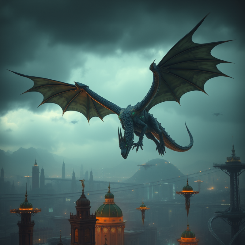Majestic Dragon Flies Through a Moody, Cloudy Sky