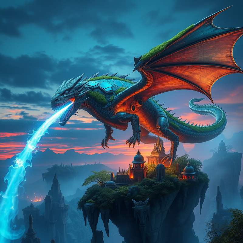 Majestic Dragon with Glowing Blue Breath Stands Atop
