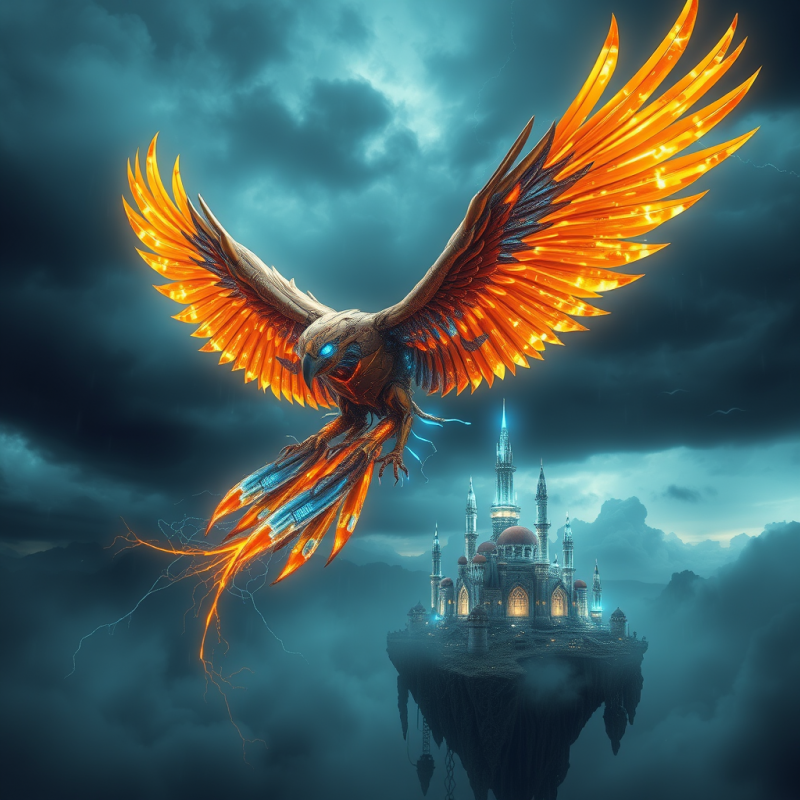 Majestic, Fiery Phoenix with Glowing Wings Flies