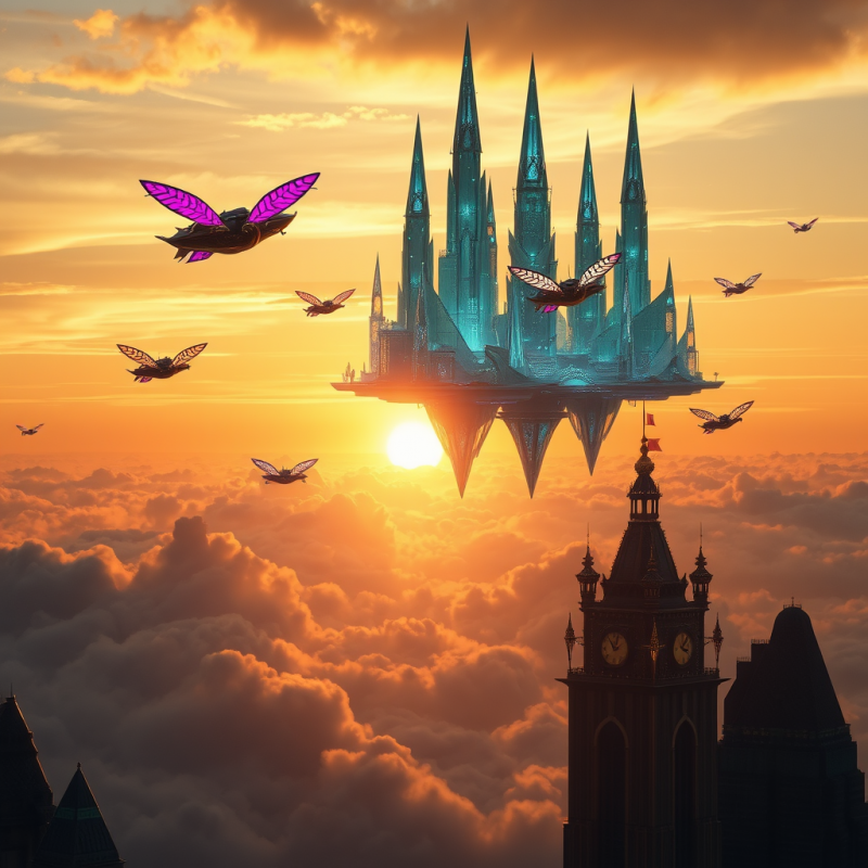 Majestic Floating Teal Castle Hovers Above Clouds