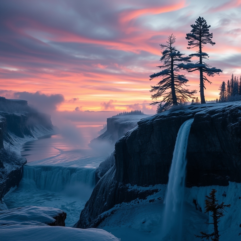 Majestic Frozen Waterfall Cascades Under a Vibrant