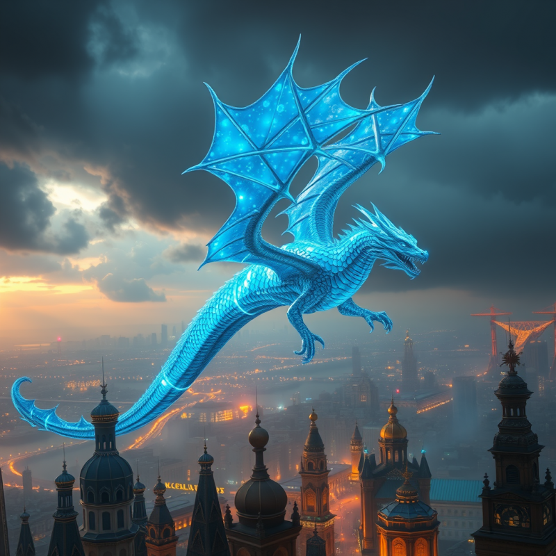 Majestic Glowing Blue Dragon Flies Over a Misty City
