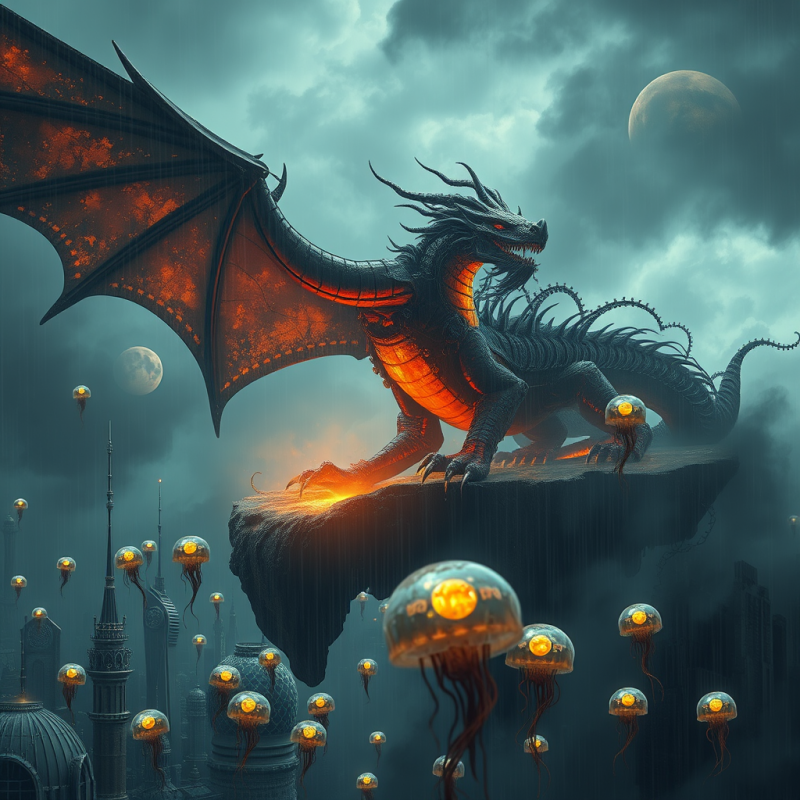 Majestic, Glowing Dragon Perches Atop a Floating
