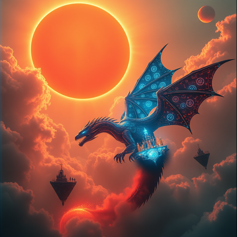 Majestic, Glowing Dragon Soars Through a Fiery Sky,