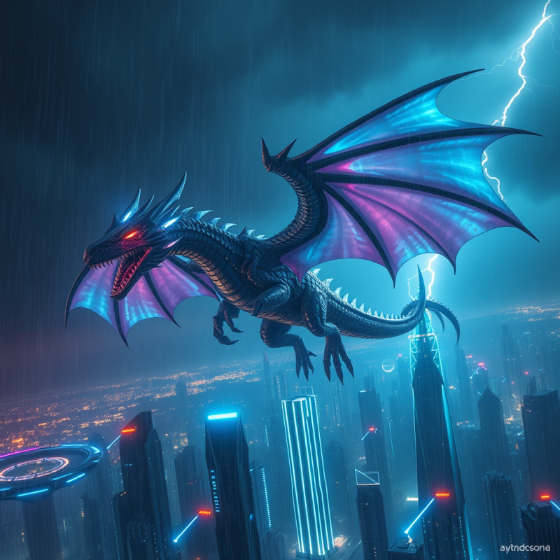 Majestic, Glowing Dragon with Electric-blue and