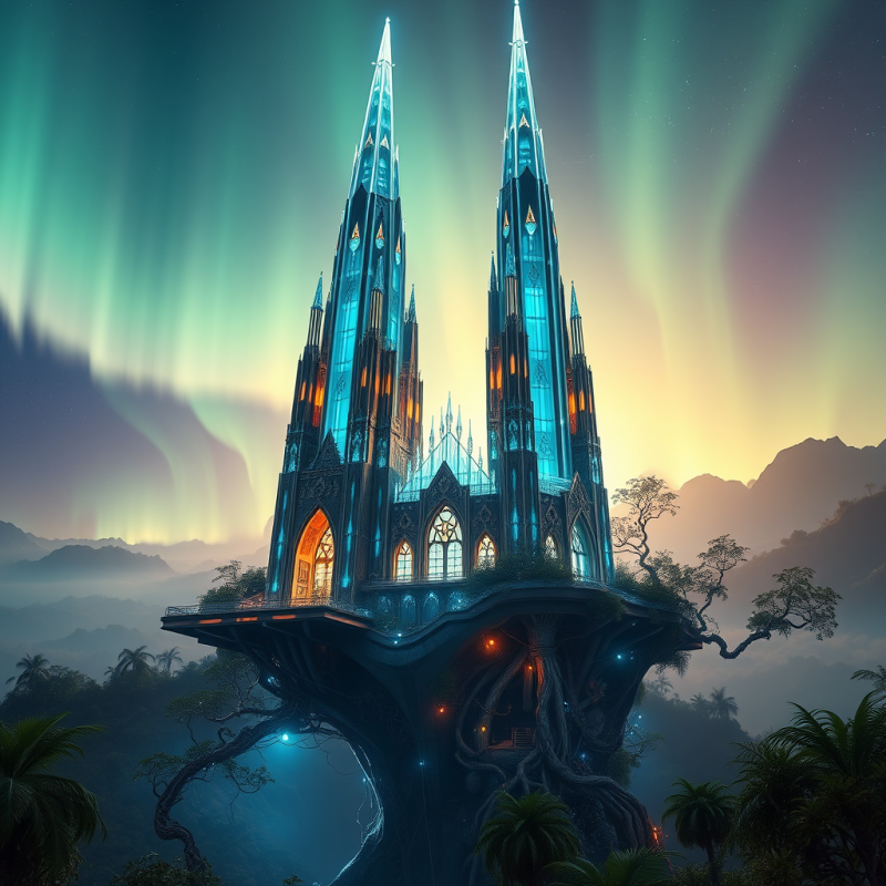 Majestic, Glowing Gothic Cathedral Perched Atop a