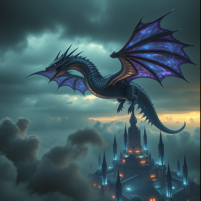 Majestic, Glowing Purple-winged Dragon Flies Above a