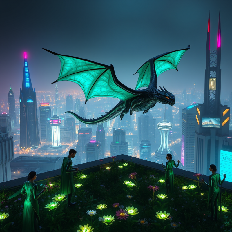 Majestic Glowing Teal Dragon Flies Above a Rooftop