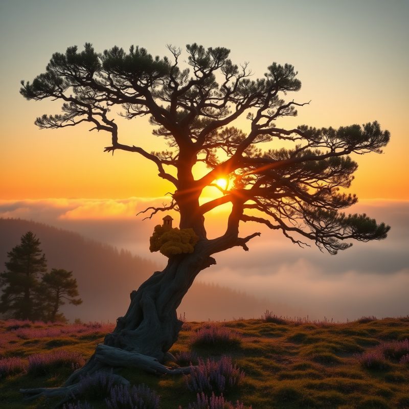 Majestic, Gnarled Pine Tree Silhouetted Against a