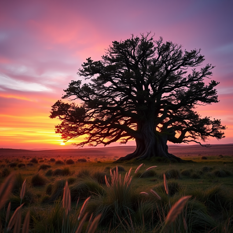 Majestic, Gnarled Tree Stands Alone in a Grassy