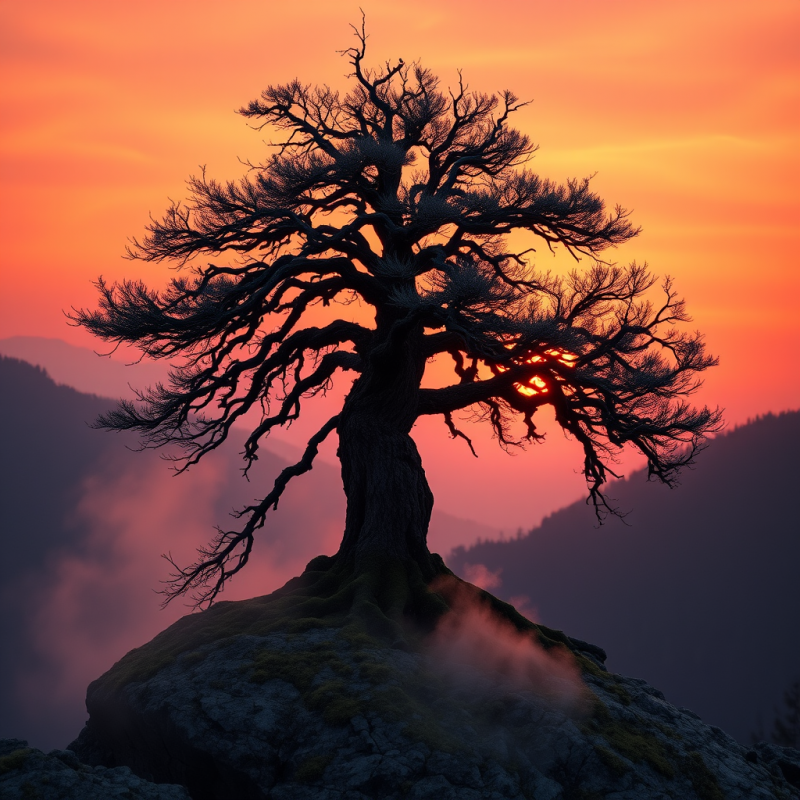 Majestic, Gnarled Tree Stands Atop a Mossy Cliff