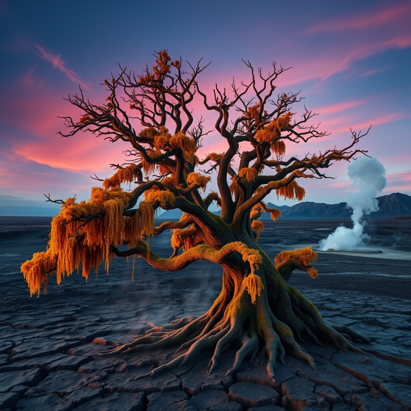 Majestic, Gnarled Tree with Golden Moss Clings to