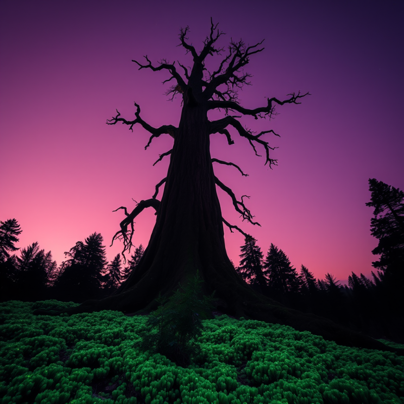 Majestic, Leafless Ancient Tree Stands as a Dark
