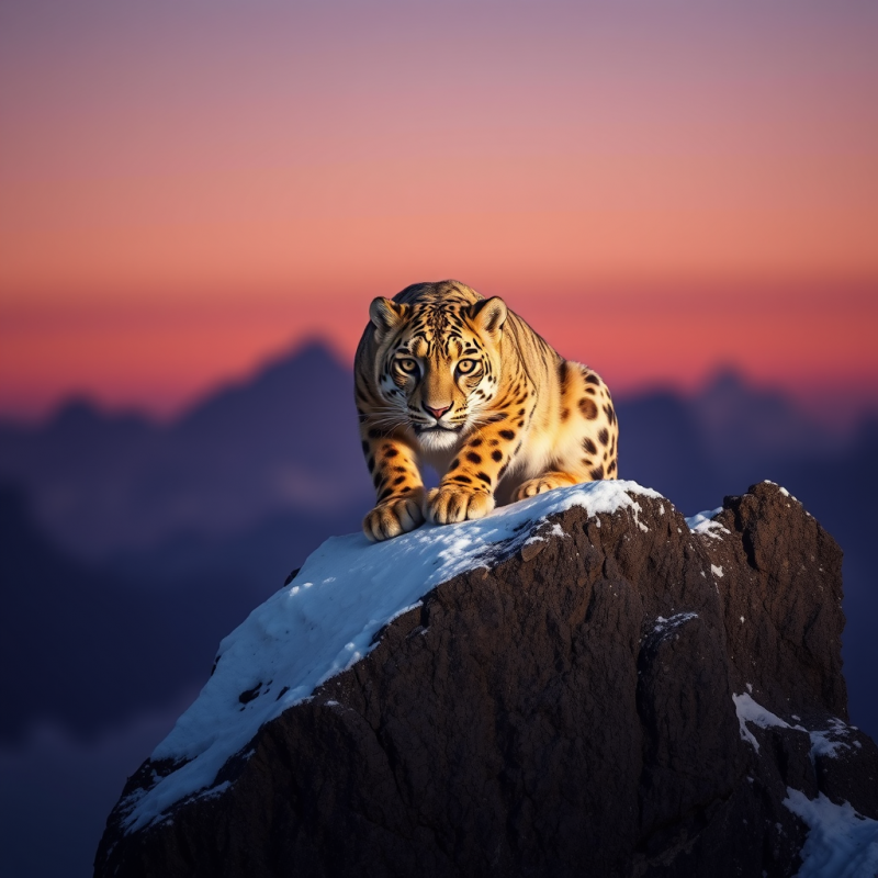 Majestic Leopard Perches Atop a Snowy Mountain Peak