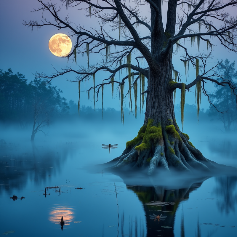 Majestic, Moss-covered Tree Stands in Calm, Misty