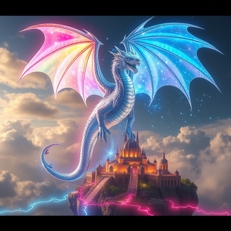 Majestic, Neon-colored Dragon with Rainbow Wings