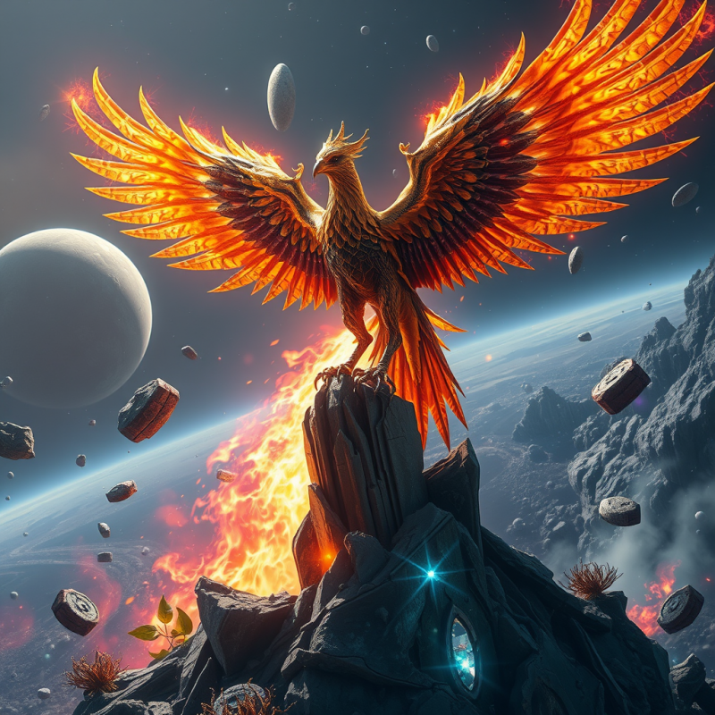 Majestic Phoenix with Fiery Wings Perches Atop a
