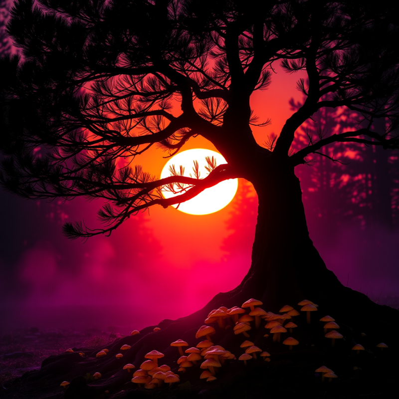 Majestic Pine Tree Silhouetted Against a Fiery Red