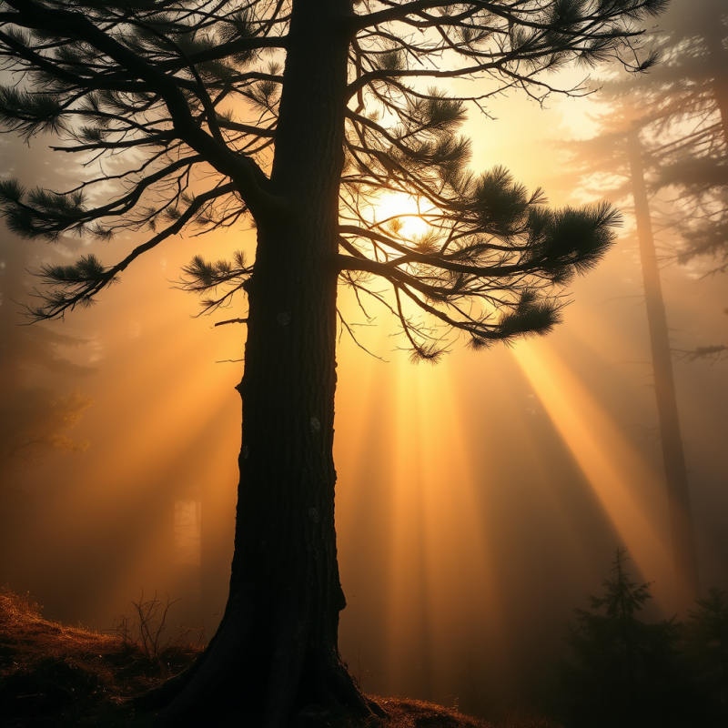 Majestic Pine Tree Silhouetted Against Golden