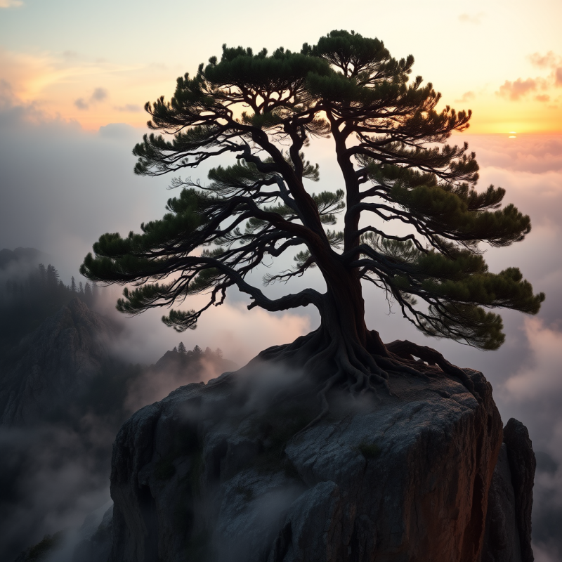 Majestic Pine Tree Stands Resiliently Atop a Rugged