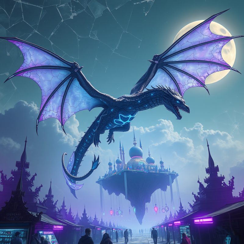 Majestic Purple Dragon Flies Above a Futuristic
