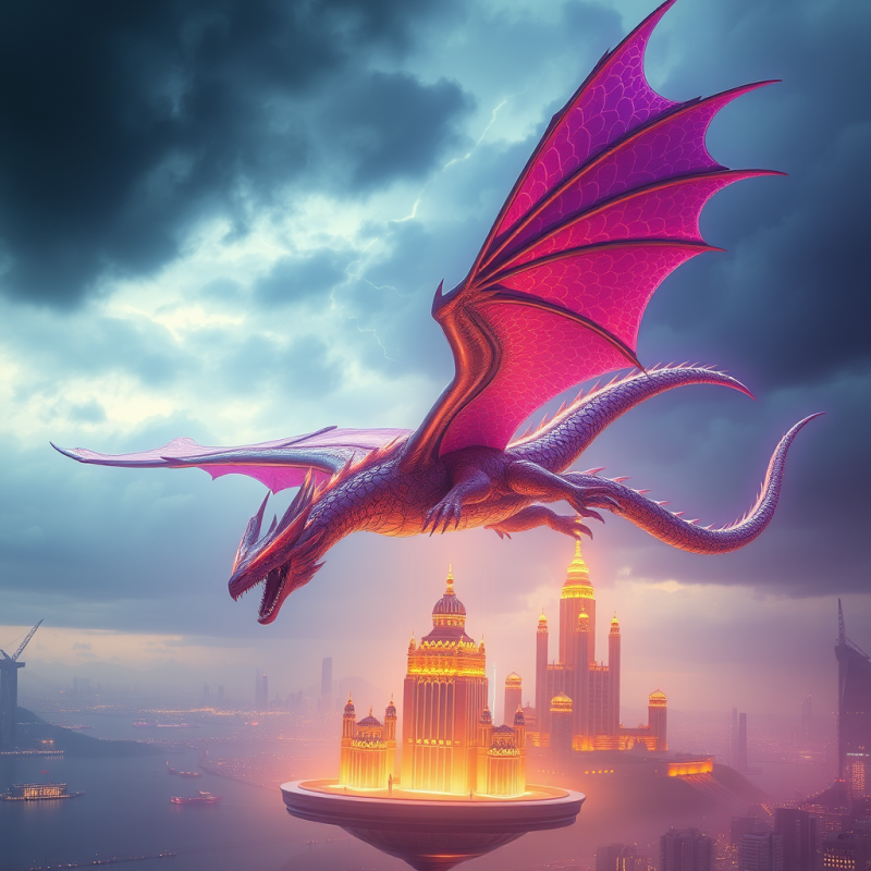 Majestic Purple Dragon Flies Over a Glowing Floating