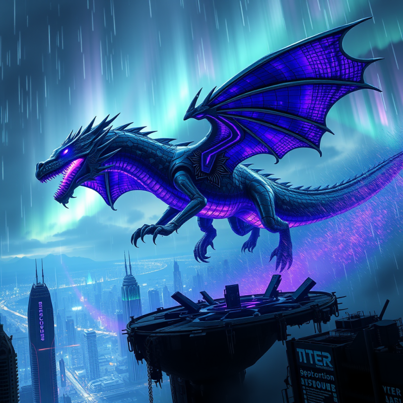 Majestic Purple Neon Dragon Flies Over a Futuristic