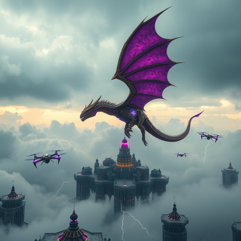 Majestic Purple-winged Dragon Flies Above a