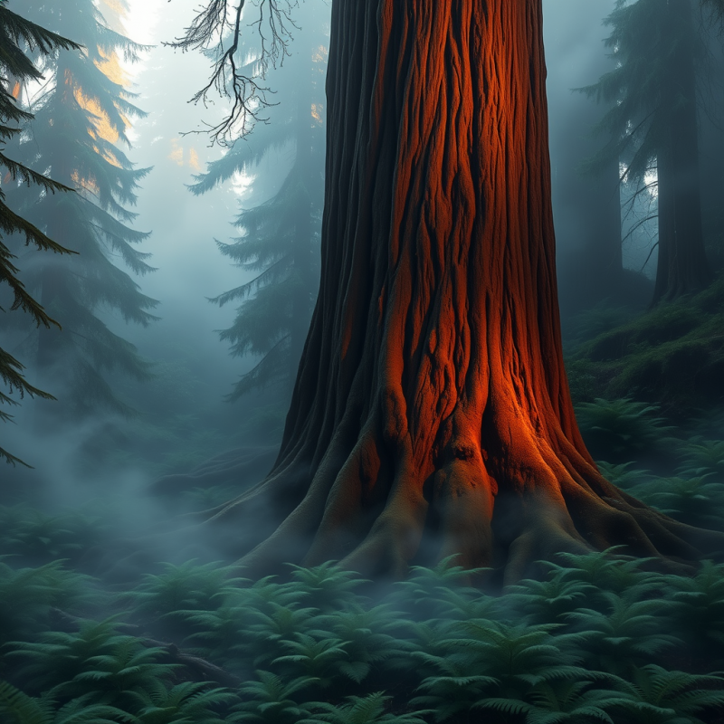 Majestic Redwood Tree Bathed in Warm Orange Light