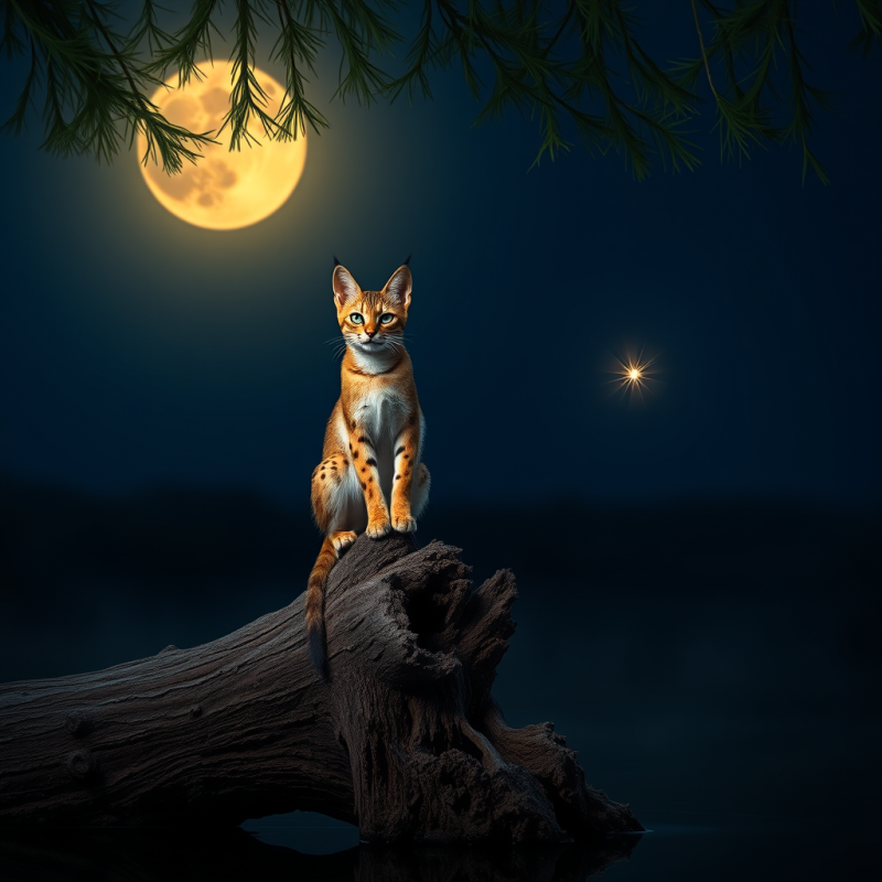 Majestic Savannah Cat Perches Atop a Weathered Log