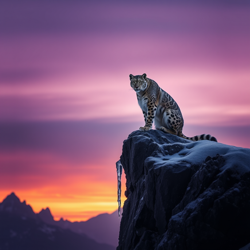 Majestic Snow Leopard Perches Atop a Snow-dusted