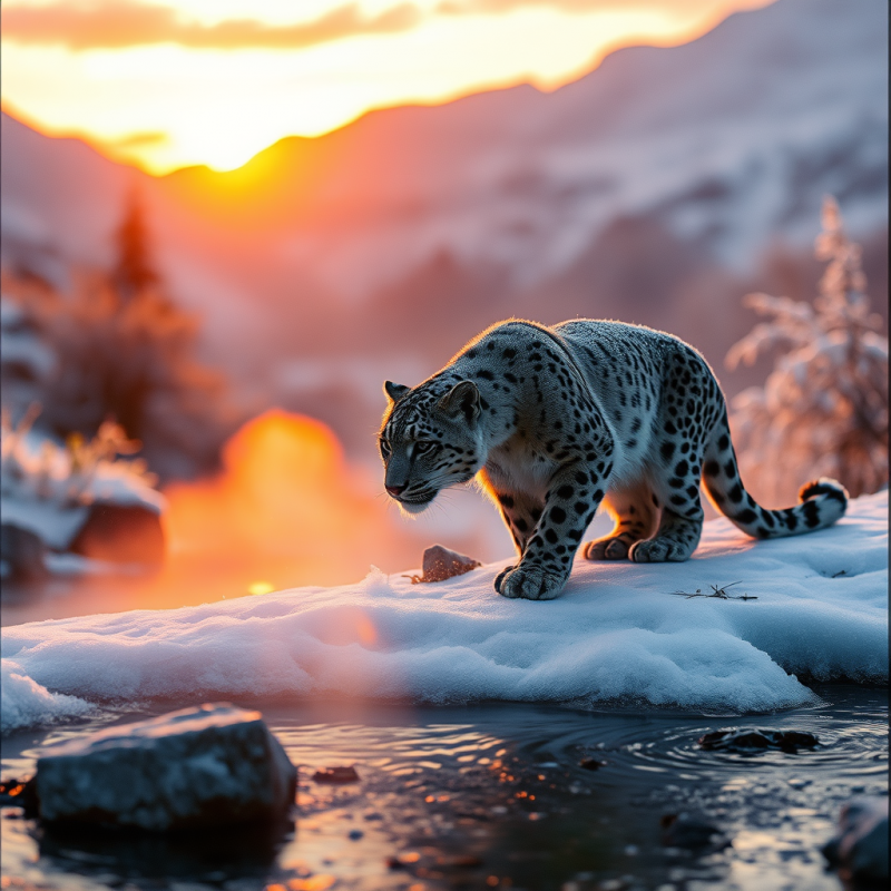 Majestic Snow Leopard Prowls Across Snowy Terrain at