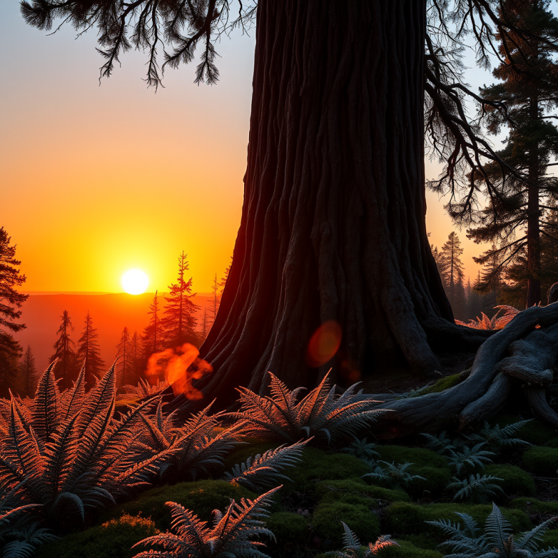 Majestic Sunset Glows Behind the Massive Trunk of an