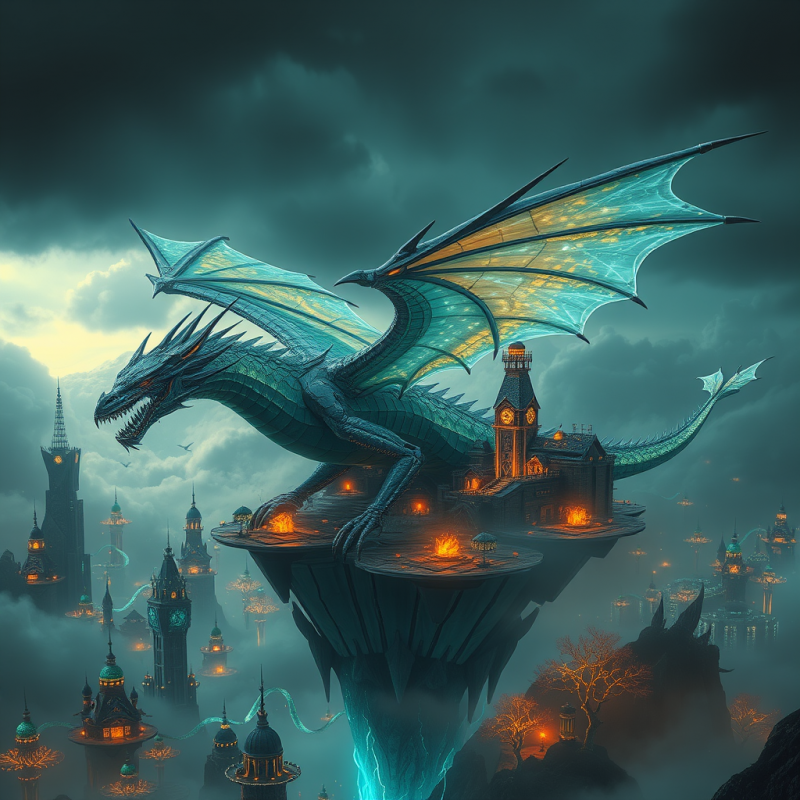 Majestic Teal Dragon with Glowing Wings Rests Atop a